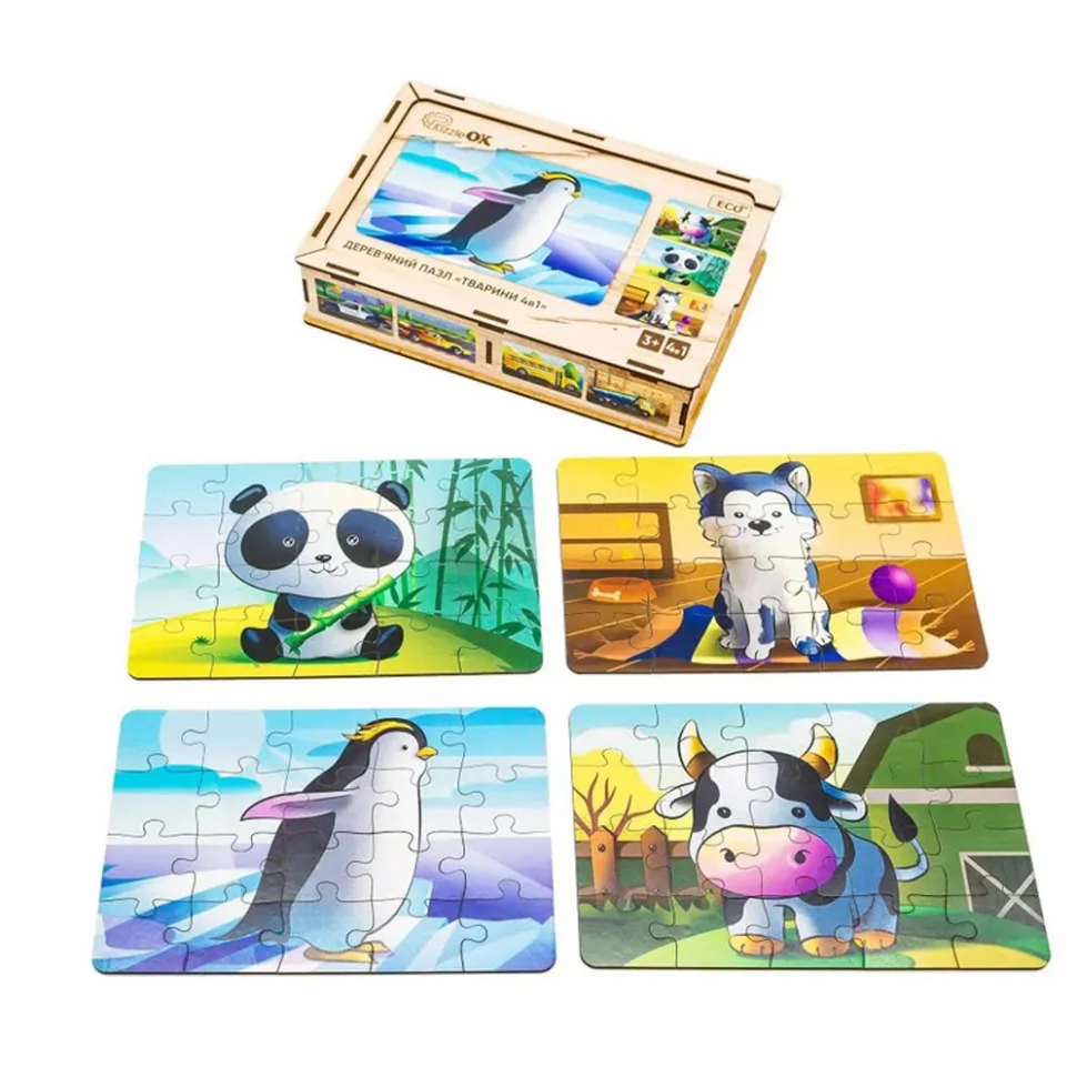 Дитячий дерев'яний пазл Тварини 4 в 1 PuzzleOK Puz-10369, 80 елементів
