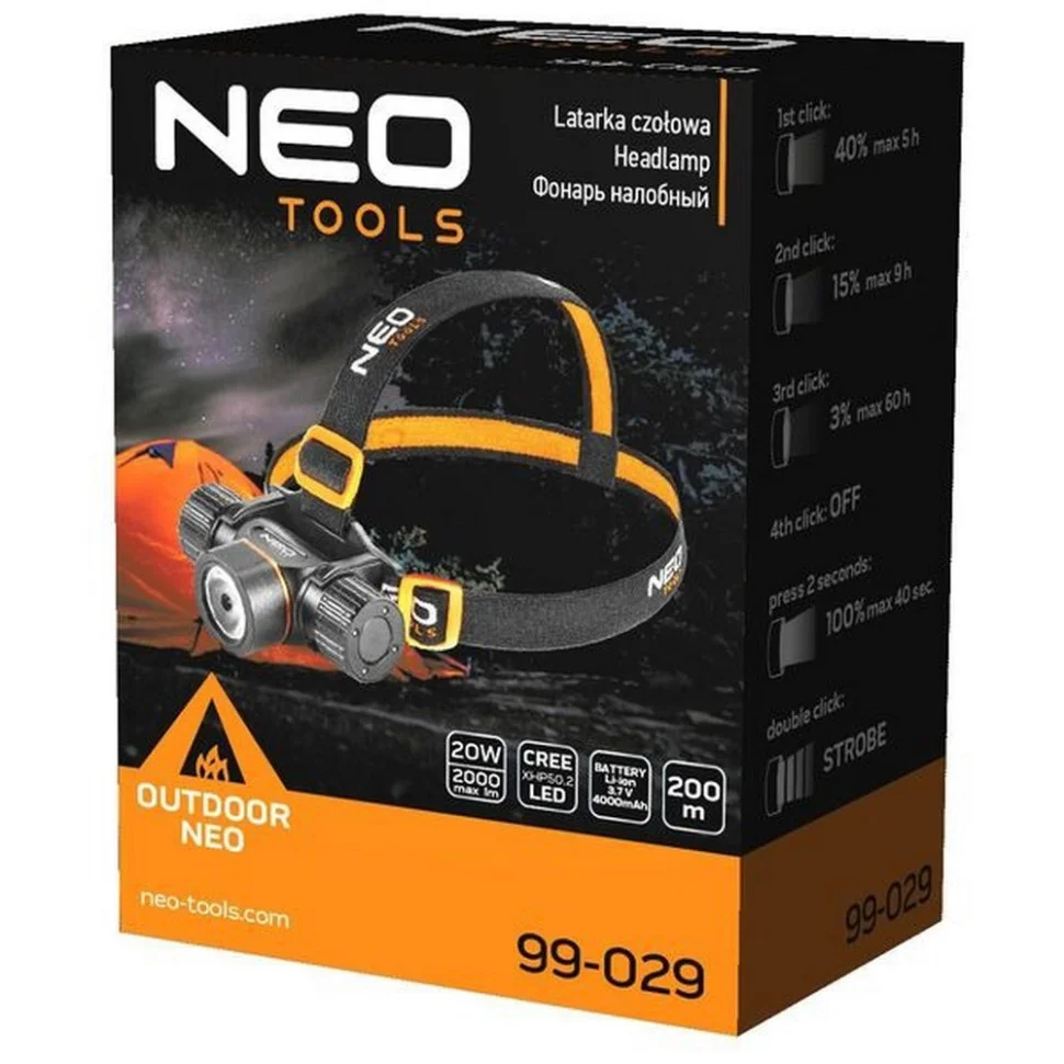 Фонарь налобный аккумуляторный Neo Tools 99-029 черный 2000 люмен