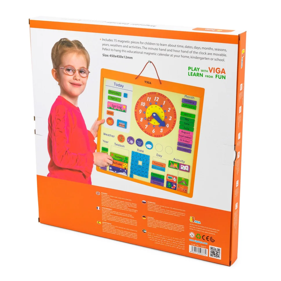 Магнітний календар з годинником Viga Toys 50377 англійською мовою
