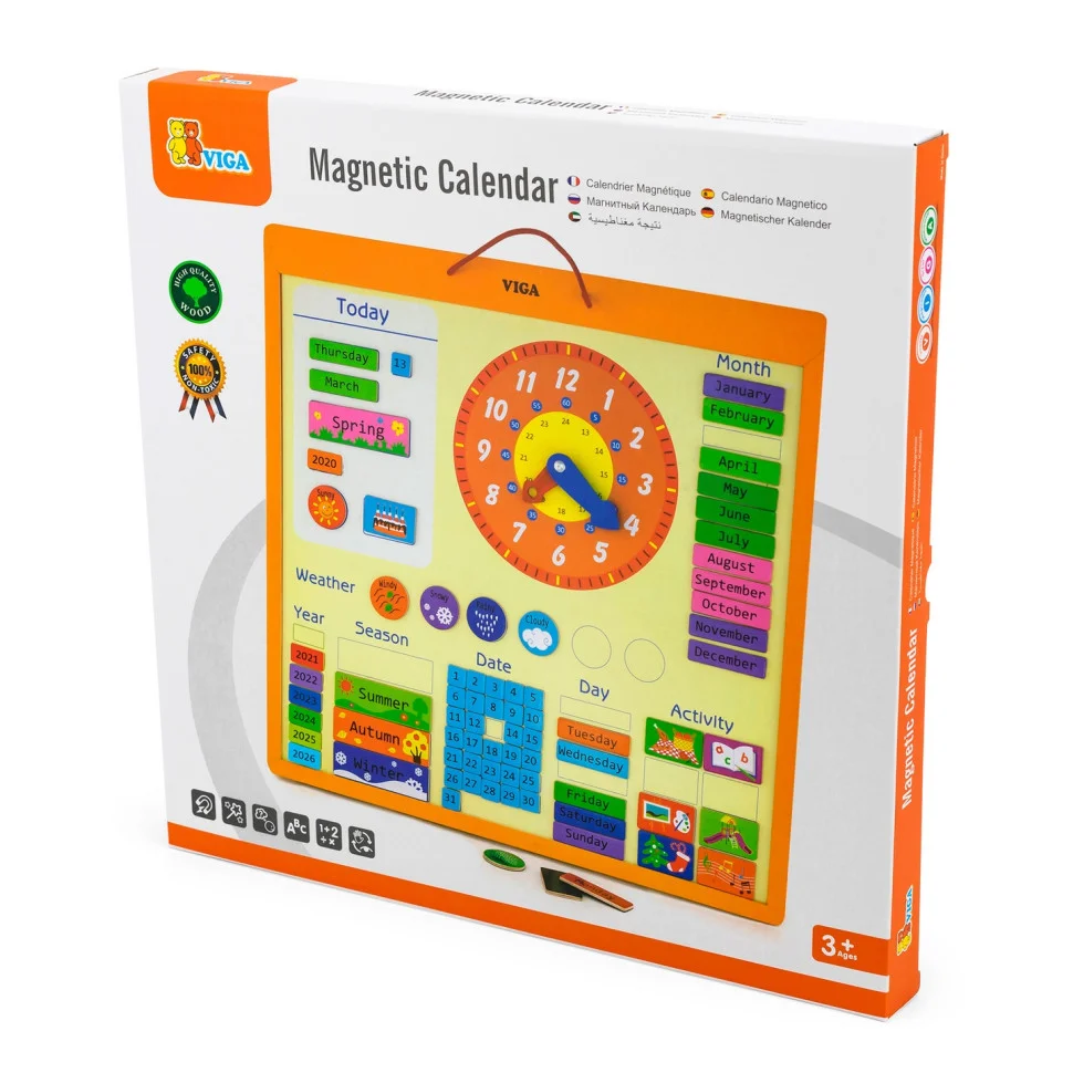 Магнітний календар з годинником Viga Toys 50377 англійською мовою