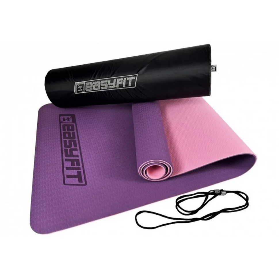 Килимок для йоги та фітнесу EasyFit EF-1924E-VP, TPE+TC 6 мм, двошаровий + Чохол фіолетовий з рожевий
