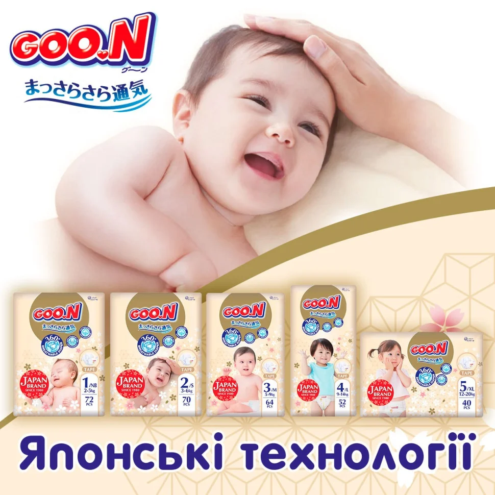 Підгузки для немовлят GOO.N Premium Soft F1010101-152 до 5 кг (1(NB), на липучках, унісекс 72 шт)
