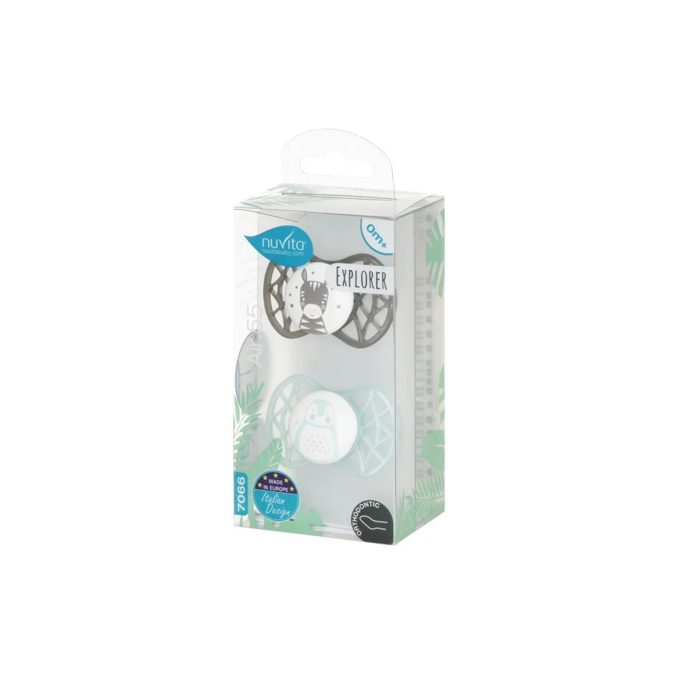 Пустушка Nuvita 7066 Air55 Explorer ортодонтична 0m+ (зебра, пінгвін) 2шт NV7066N