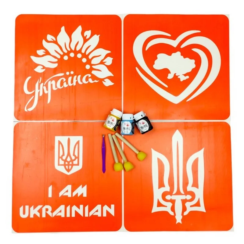 Набор для рисования по ткани «I Am Ukrainian, Тризуб, Карта Украины, Украина цветущая» Fresh Tattoo paint-n064-n059-n080-n058