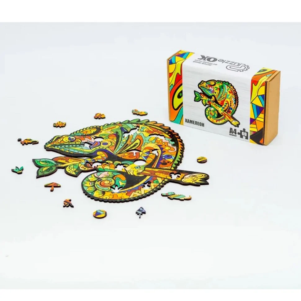 Фігурний дерев'яний пазл A4 Хамелеон PuzzleOK PuzA4-01746, 69 деталей