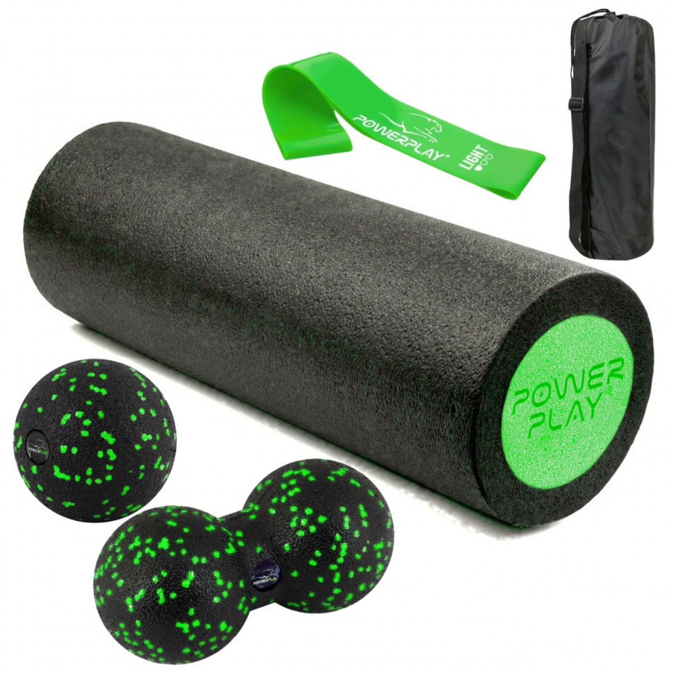 Набор для массажа и йоги PowerPlay PP_4094_Green, ролик 30 х 15 см, два мяча, резинка 5 кг