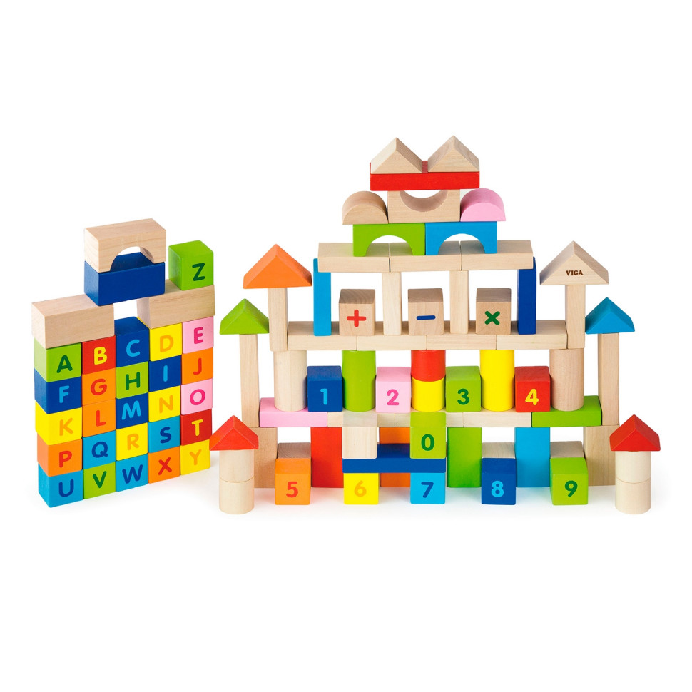 Деревянные кубики Алфавит и числа Viga Toys 50288, 100 штук