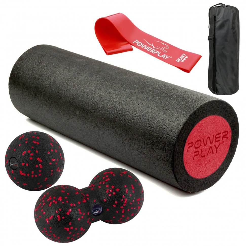 Набор для массажа и йоги PowerPlay PP_4095_Red, ролик 45 х 15 см, два мяча, резинка 11 кг