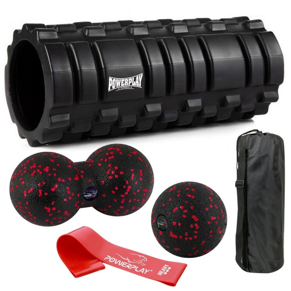Набор для массажа и йоги PowerPlay PP_4096_Black, ролик 33 х 14 см, два мяча, резинка 11 кг
