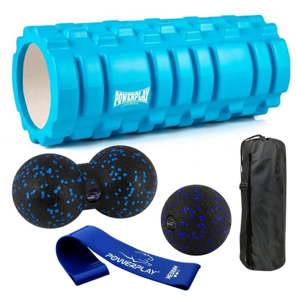 Набор для массажа и йоги PowerPlay PP_4096_Blue, ролик 33 х 14 см, два мяча, резинка 7,5 кг