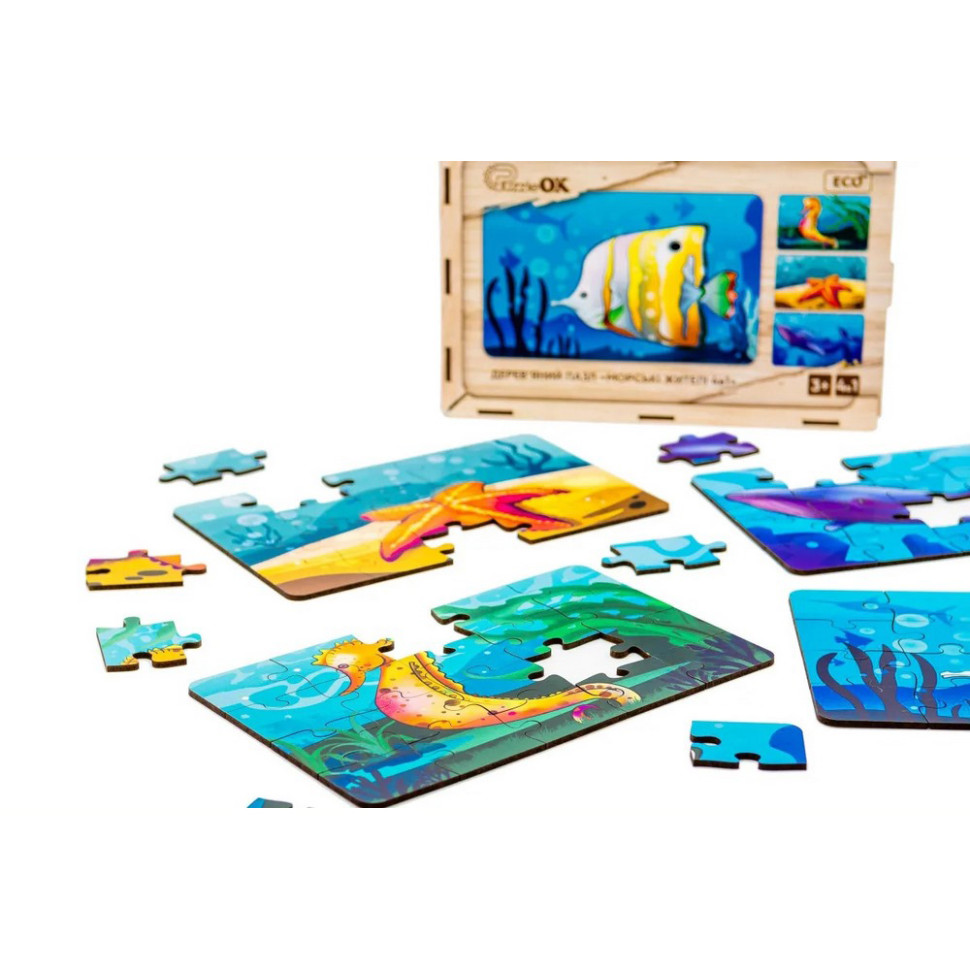 Детский деревянный пазл Морские жители 4 в 1 PuzzleOK Puz-57896, 80 элементов