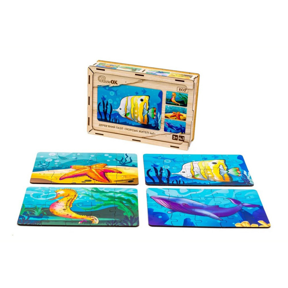 Детский деревянный пазл Морские жители 4 в 1 PuzzleOK Puz-57896, 80 элементов