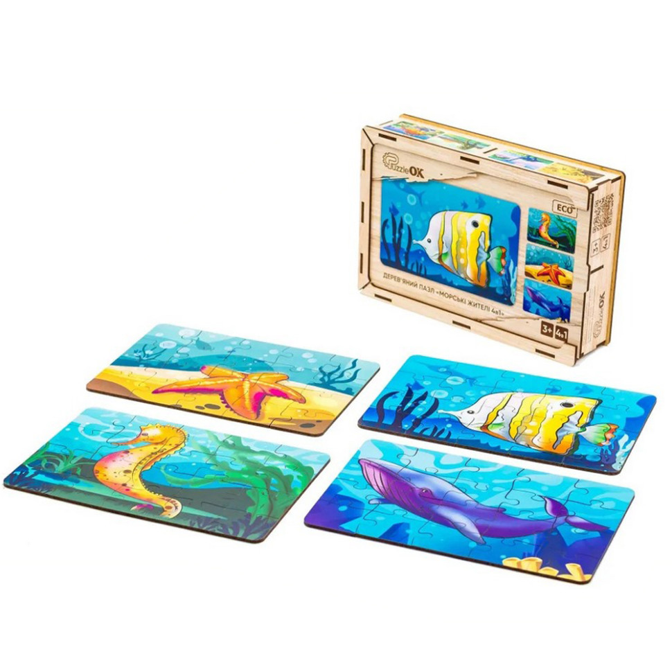 Детский деревянный пазл Морские жители 4 в 1 PuzzleOK Puz-57896, 80 элементов