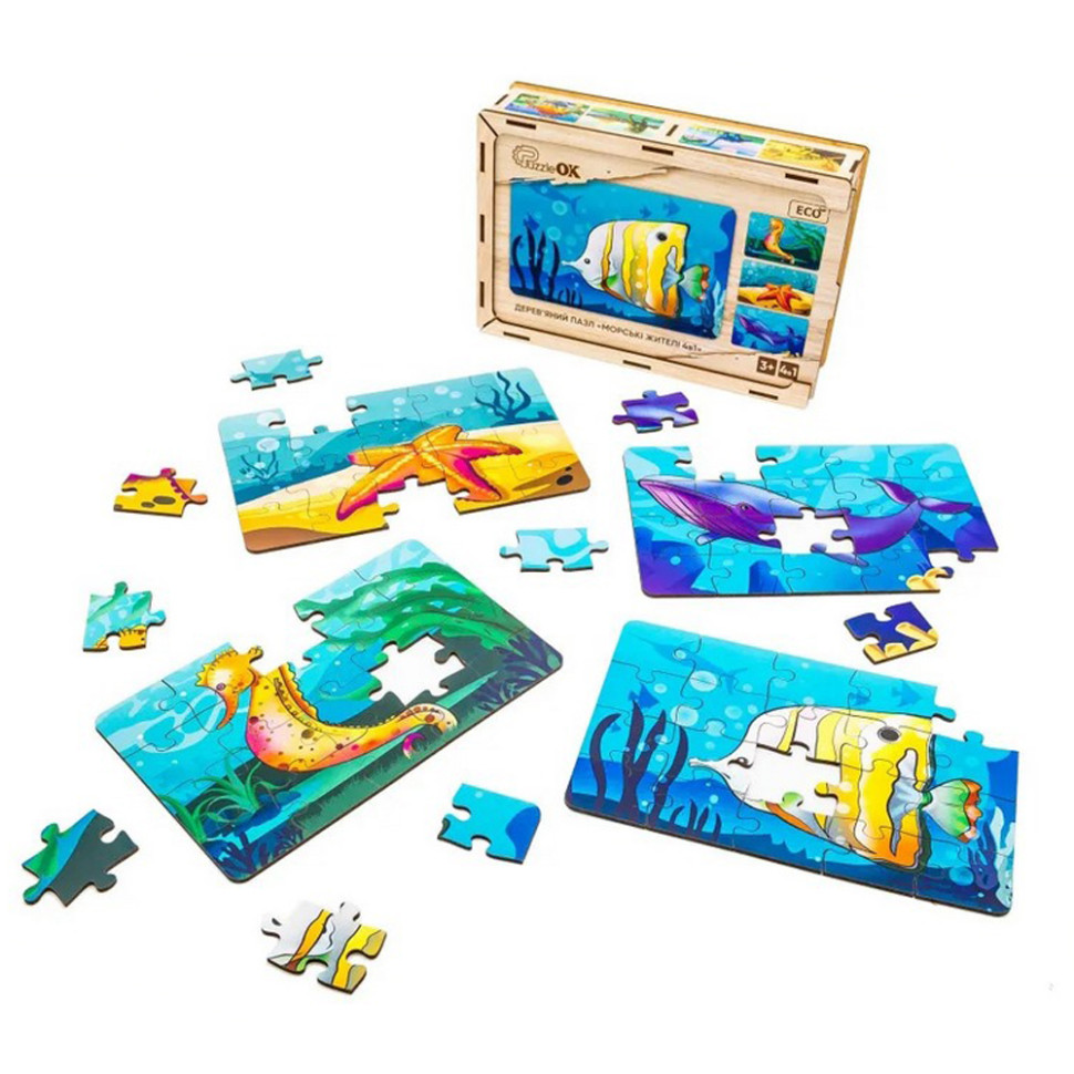 Детский деревянный пазл Морские жители 4 в 1 PuzzleOK Puz-57896, 80 элементов