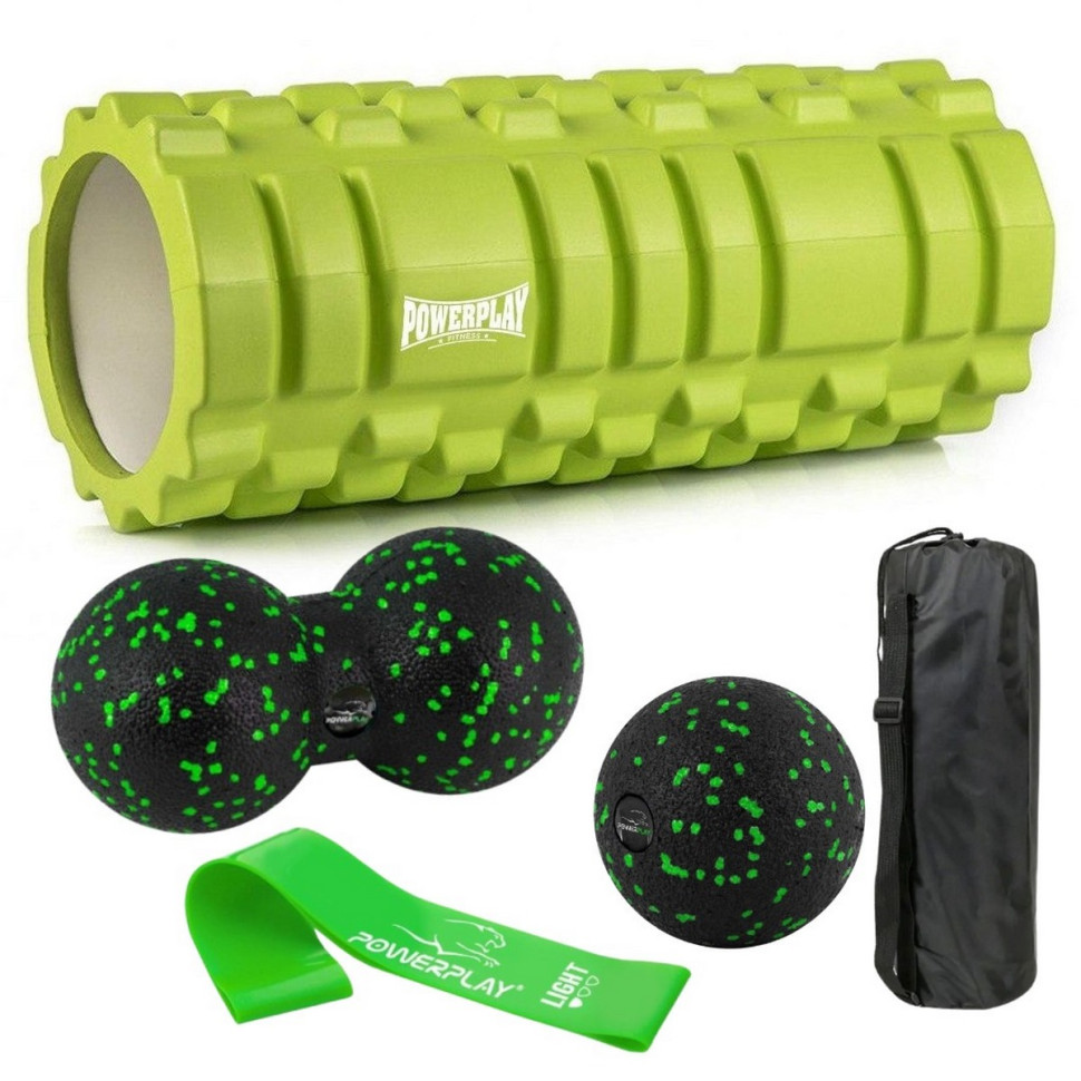 Набор для массажа и йоги PowerPlay PP_4096_Green, ролик 33 х 14 см, два мяча, резинка 5,5 кг