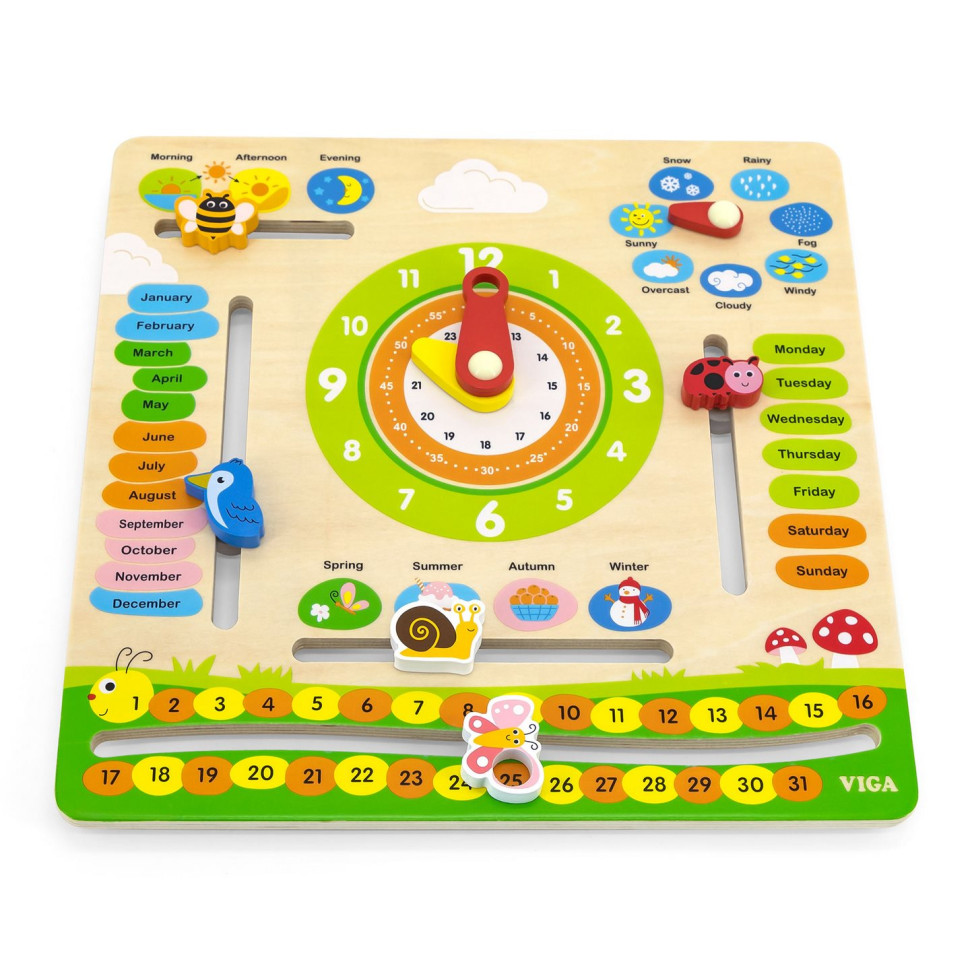 Дерев'яний Календар з годинником Viga Toys 44538 англійською мовою