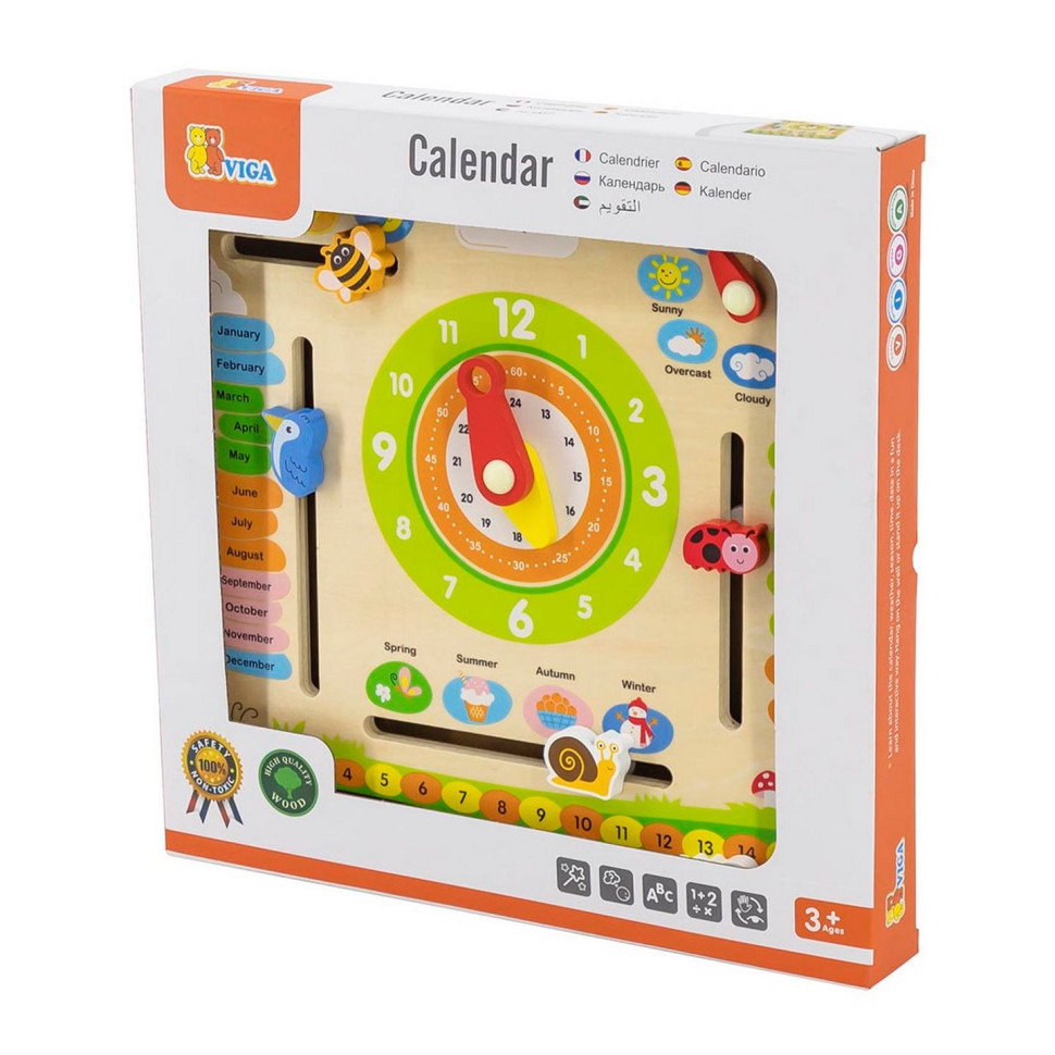 Дерев'яний Календар з годинником Viga Toys 44538 англійською мовою