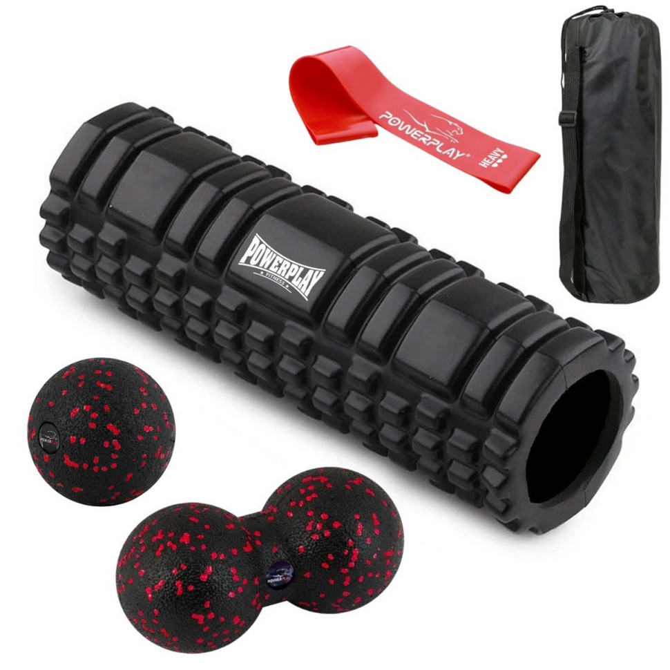 Набор для массажа и йоги PowerPlay PP_4097_Black, ролик 30 х 10 см, два мяча, резинка 11 кг