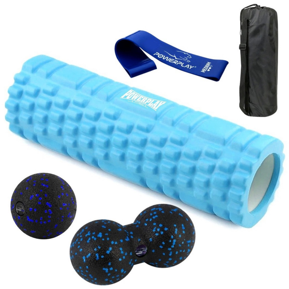 Набор для массажа и йоги PowerPlay PP_4097_Blue, ролик 30 х 10 см, два мяча, резинка 7,5 кг