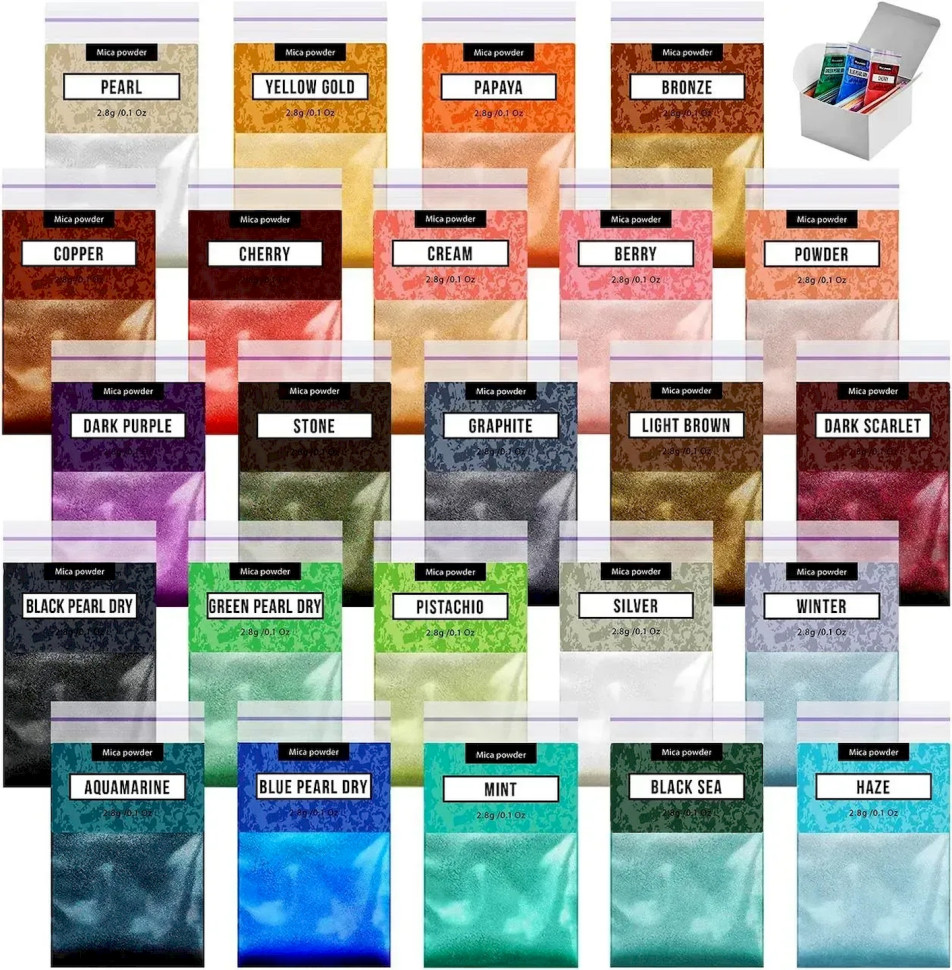 Слюдяний пігментний порошок для творчості Alexes MC-001, 24 пакети по 2,8 грама