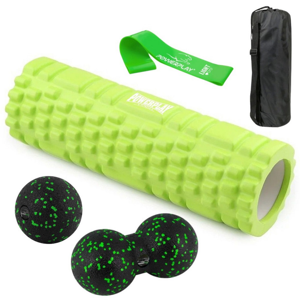 Набор для массажа и йоги PowerPlay PP_4097_Green, ролик 30 х 10 см, два мяча, резинка 5,5 кг