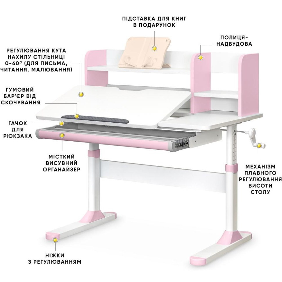 Дитячий робочий стіл Evo-kids TH-330 W/PN Pink регулюється