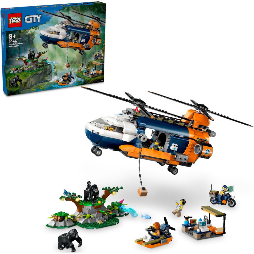 Конструктор LEGO City Вертолет в базовом лагере для исследования джунглей 60437, 881 деталь 