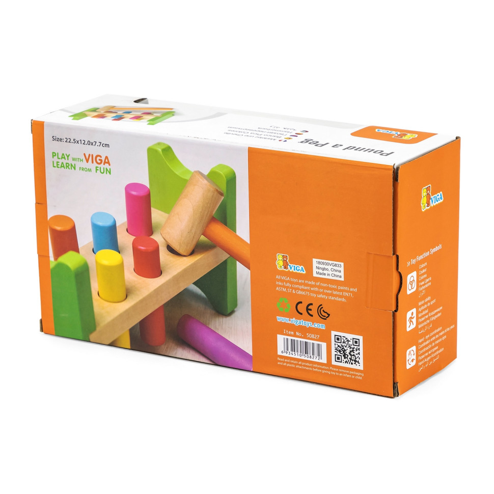 Стукалка дерев'яна Цвяшки Viga Toys 50827, 6 кілочків та молоточок