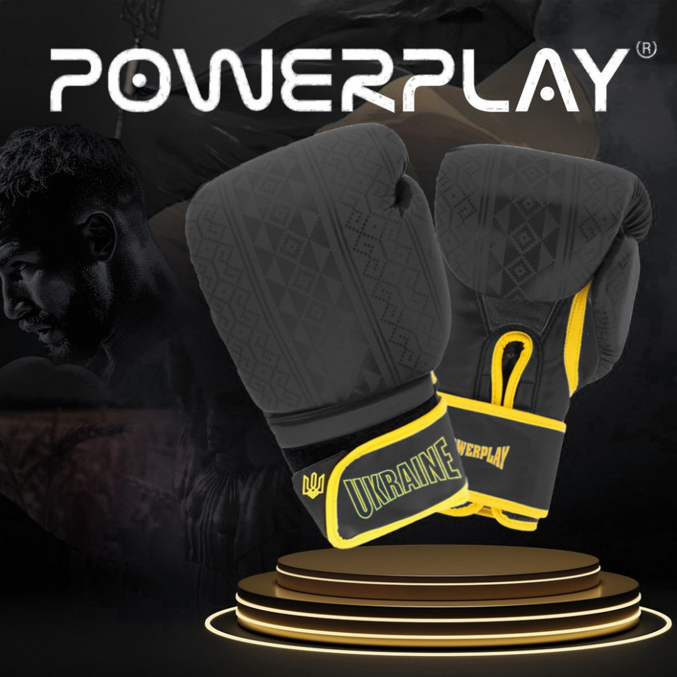Боксерські рукавиці 3021 Ukraine PowerPlay PP_3021_16oz_Black/Yellow, розмір 16 унцій