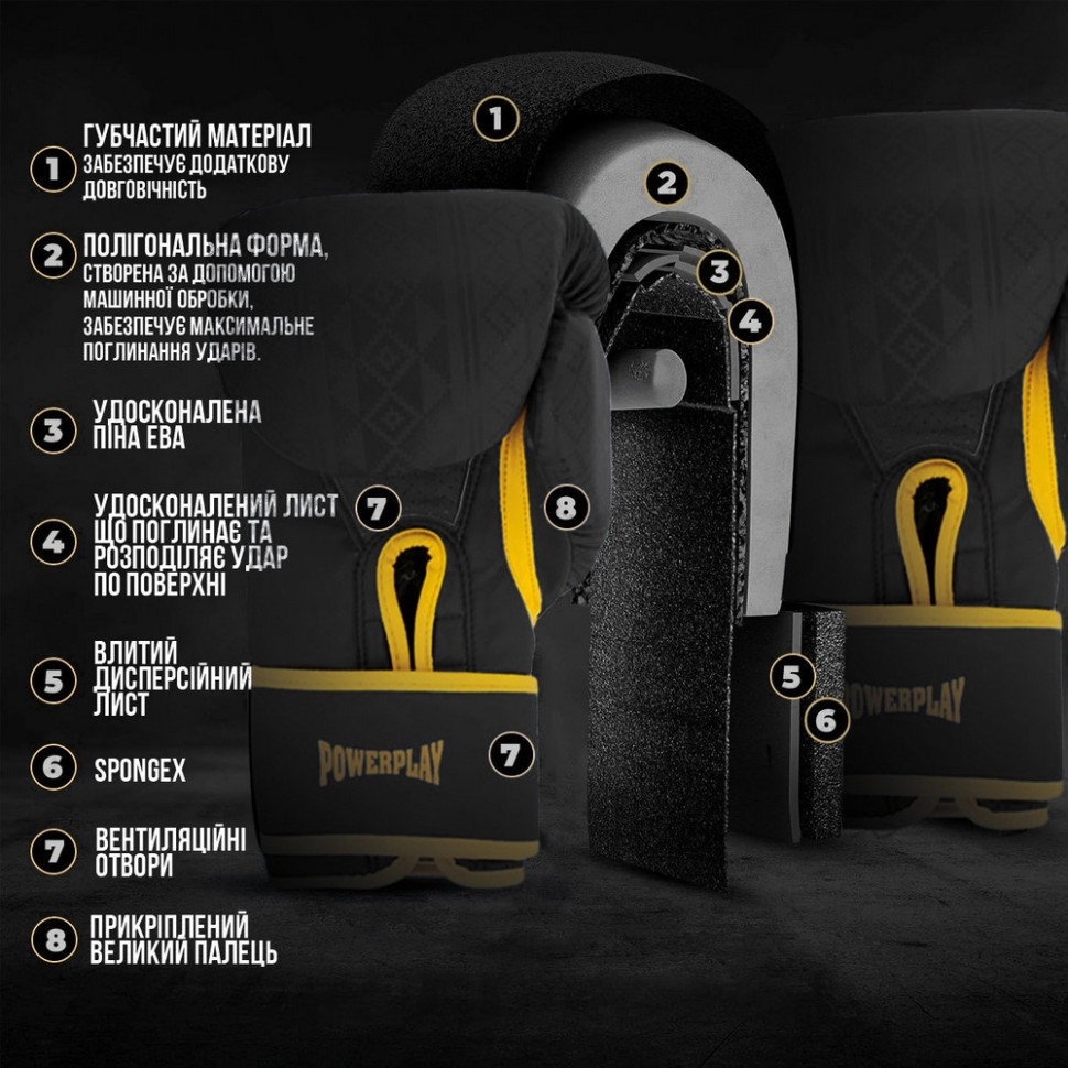 Боксерські рукавиці 3021 Ukraine PowerPlay PP_3021_16oz_Black/Yellow, розмір 16 унцій