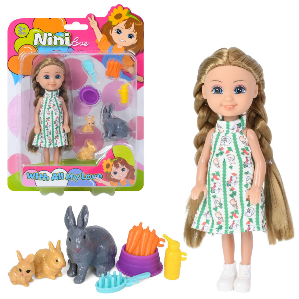 Дитячий ігровий набір з лялькою Bambi 618-18, 3 кролика, морква, аксесуари