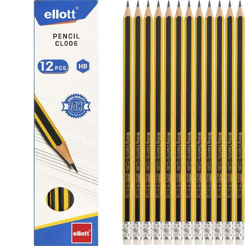 Карандаш простой с резинкой Ellott CL006-12 твердость грифеля - HB