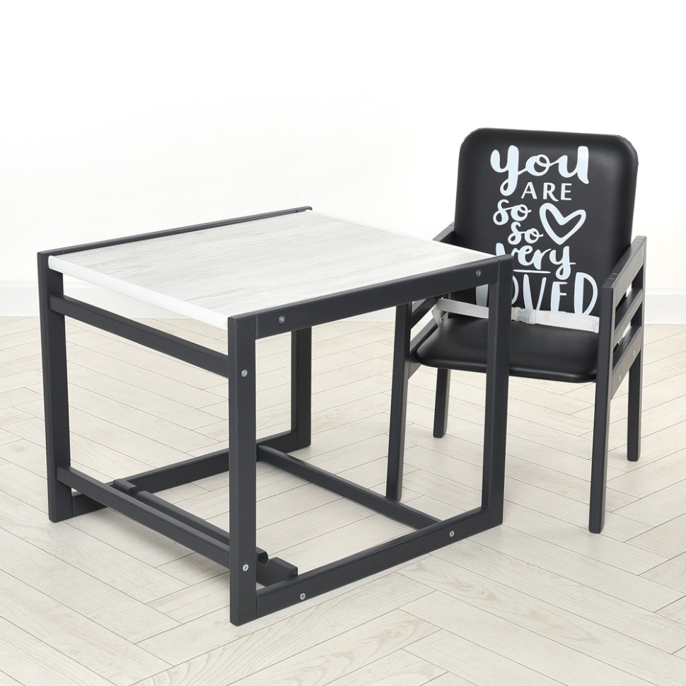 Стільчик для годування Bambi Graphite аляска, для годування, зі столиком, чорний+білий