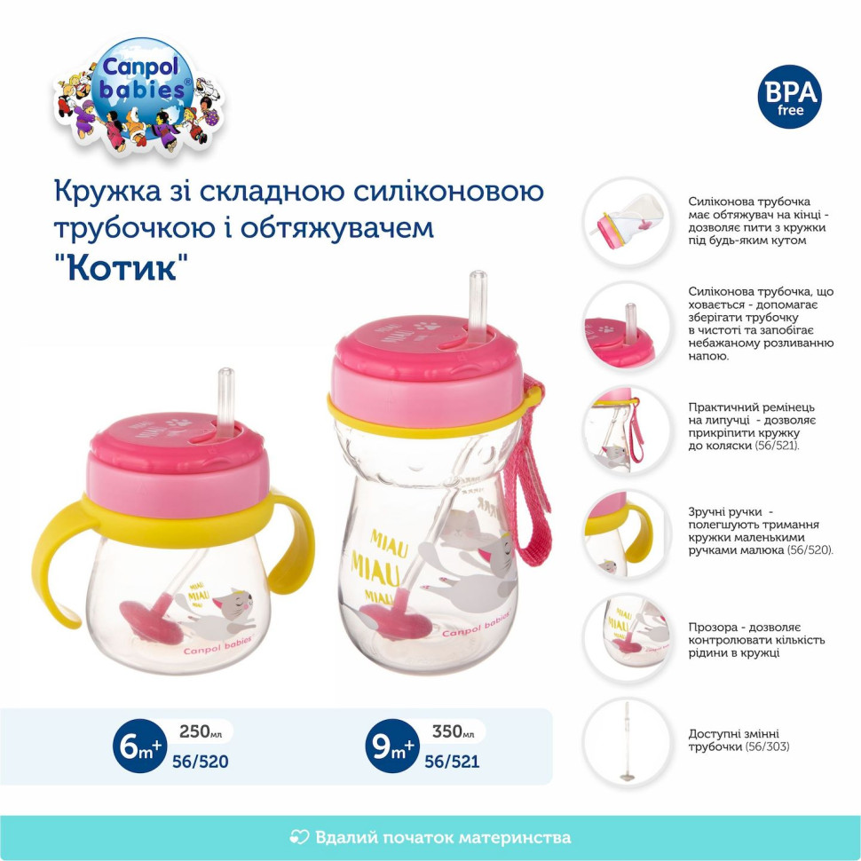 Дитяча кружка з силіконовою трубочкою та обважувачем Котик Canpol babies 56/521, 350 мл