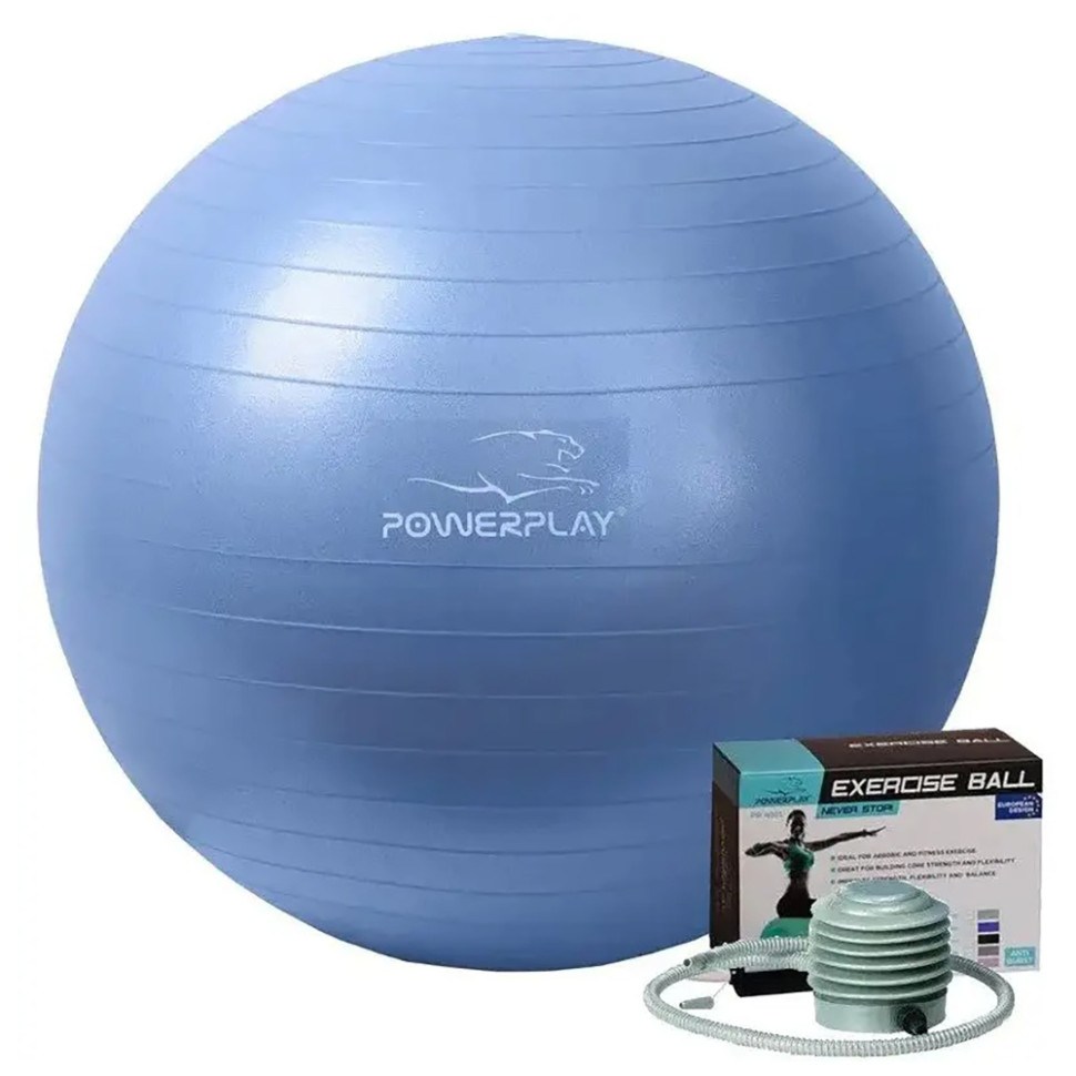 М'яч для фітнесу та гімнастики PowerPlay PP_4001_65_Blue, синій, насос