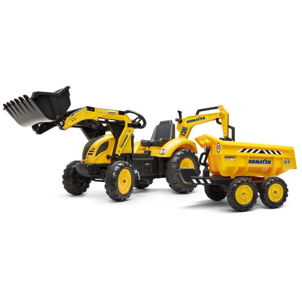 Детский трактор на педалях Falk 2086W Komatsu с прицепом, передним и задним ковшами