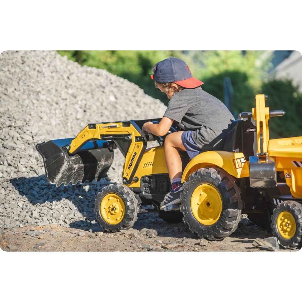 Детский трактор на педалях Falk 2086W Komatsu с прицепом, передним и задним ковшами