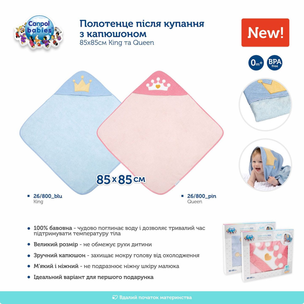 Дитячий рушник після купання King Canpol babies 26/800_blu з капюшоном 85x85 см