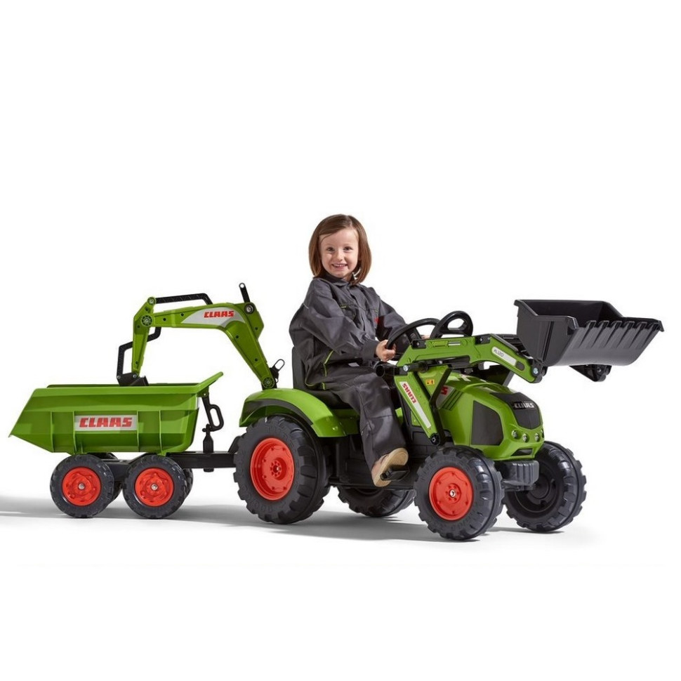 Детский трактор на педалях Falk 1010W CLAAS AXOS с прицепом, передним и задним ковшами
