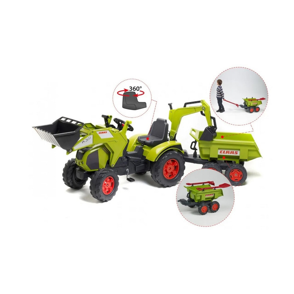 Детский трактор на педалях Falk 1010W CLAAS AXOS с прицепом, передним и задним ковшами
