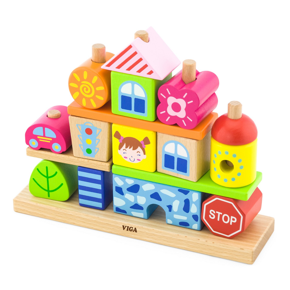 Дерев'яна пірамідка Містечко Viga Toys 50043, 14 блоків