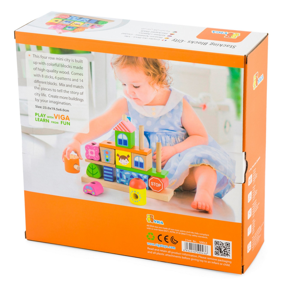 Дерев'яна пірамідка Містечко Viga Toys 50043, 14 блоків