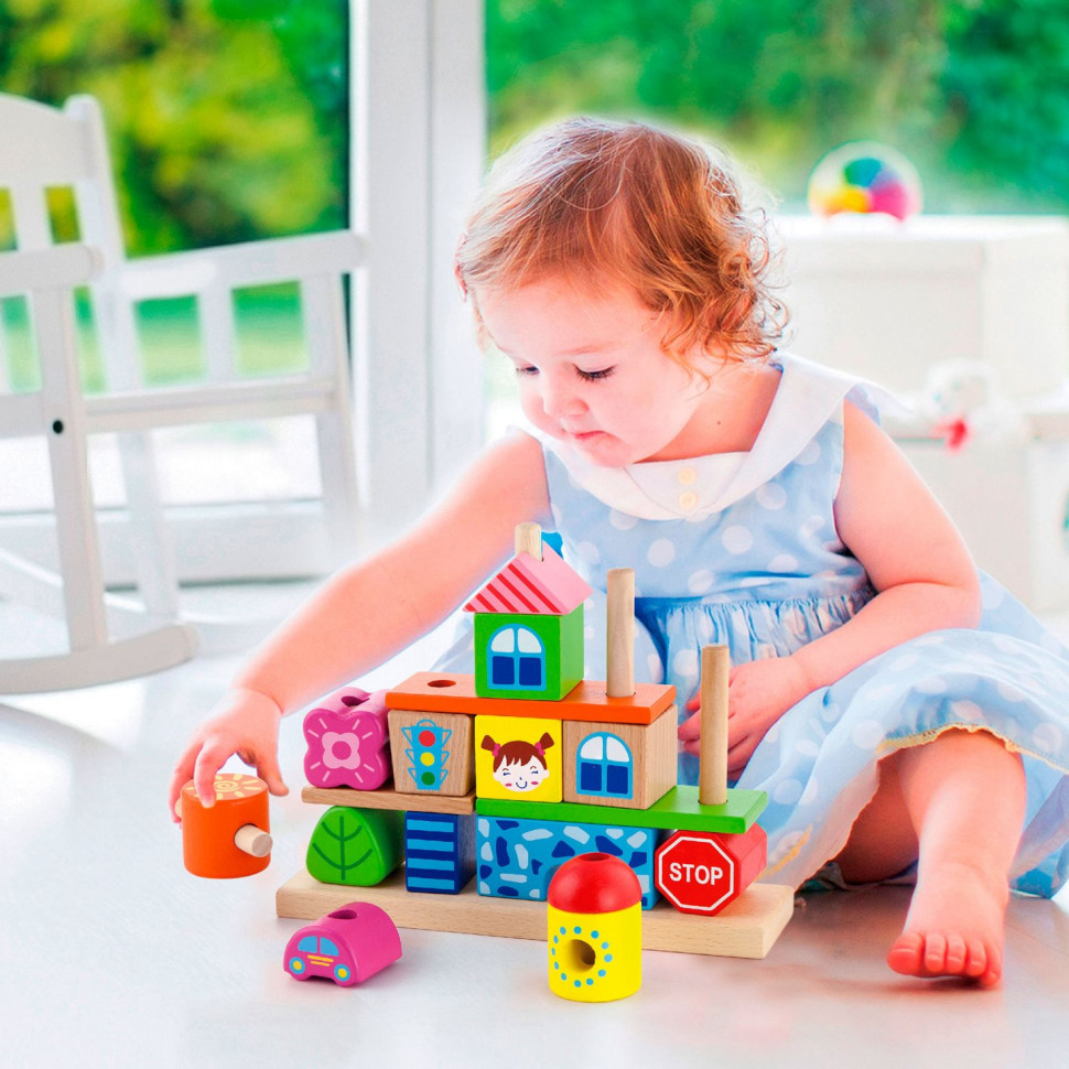 Дерев'яна пірамідка Містечко Viga Toys 50043, 14 блоків