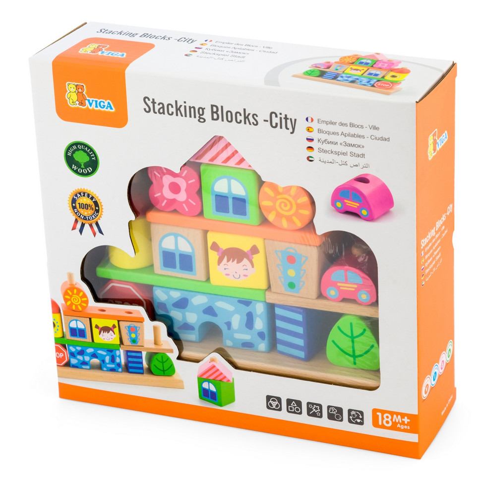 Дерев'яна пірамідка Містечко Viga Toys 50043, 14 блоків