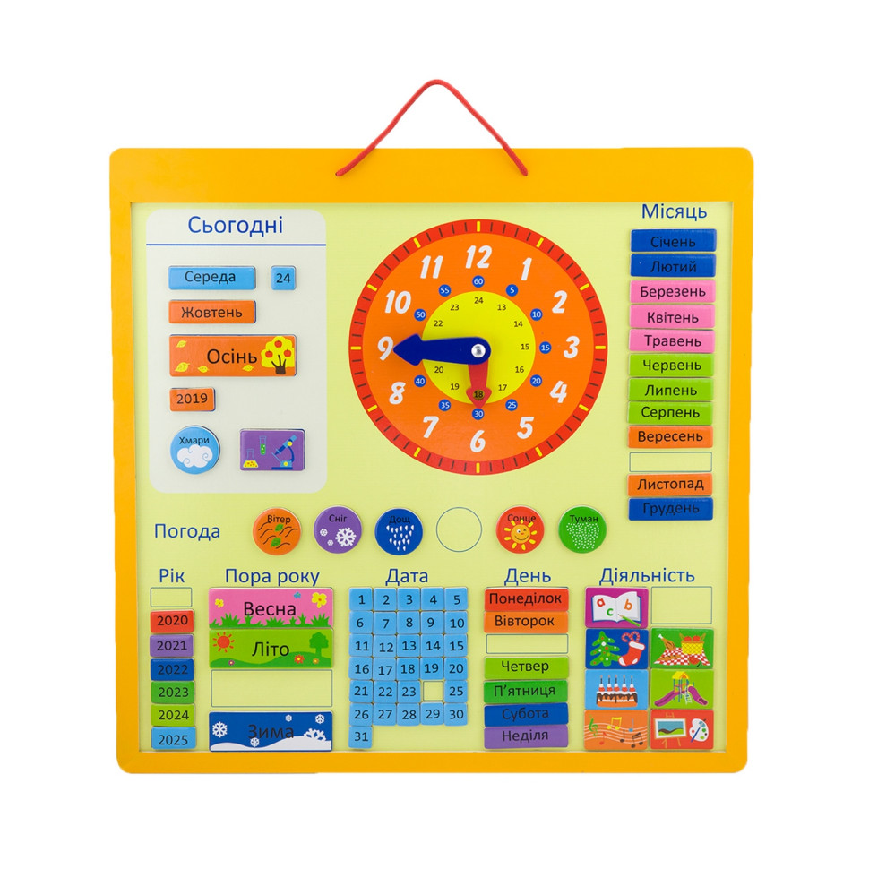Магнітний календар з годинником Viga Toys 50377U українською мовою