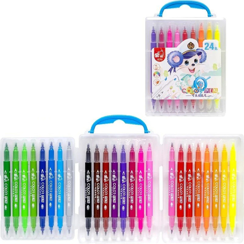 Набір двосторонніх фломастерів Bambi 249-24(Blue) у пластиковому боксі, 24 кольори