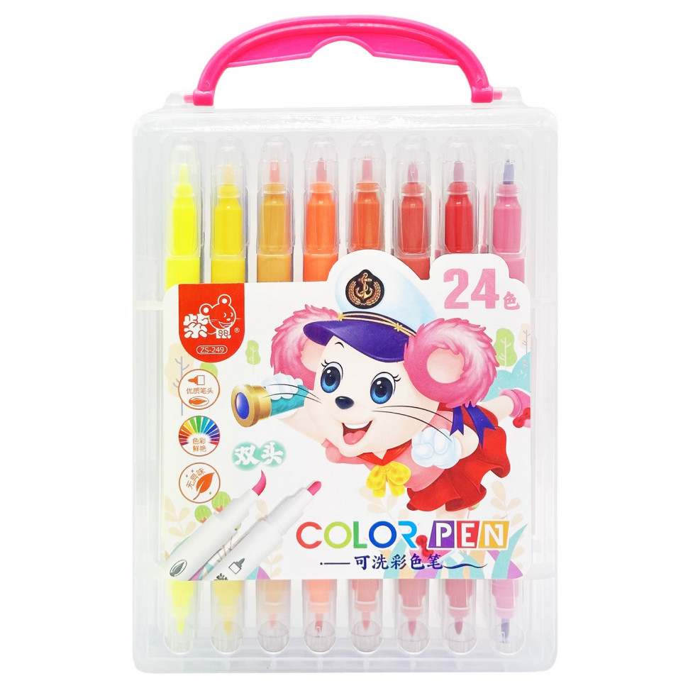 Набір двосторонніх фломастерів Bambi 249-24(Pink) у пластиковому боксі, 24 кольори