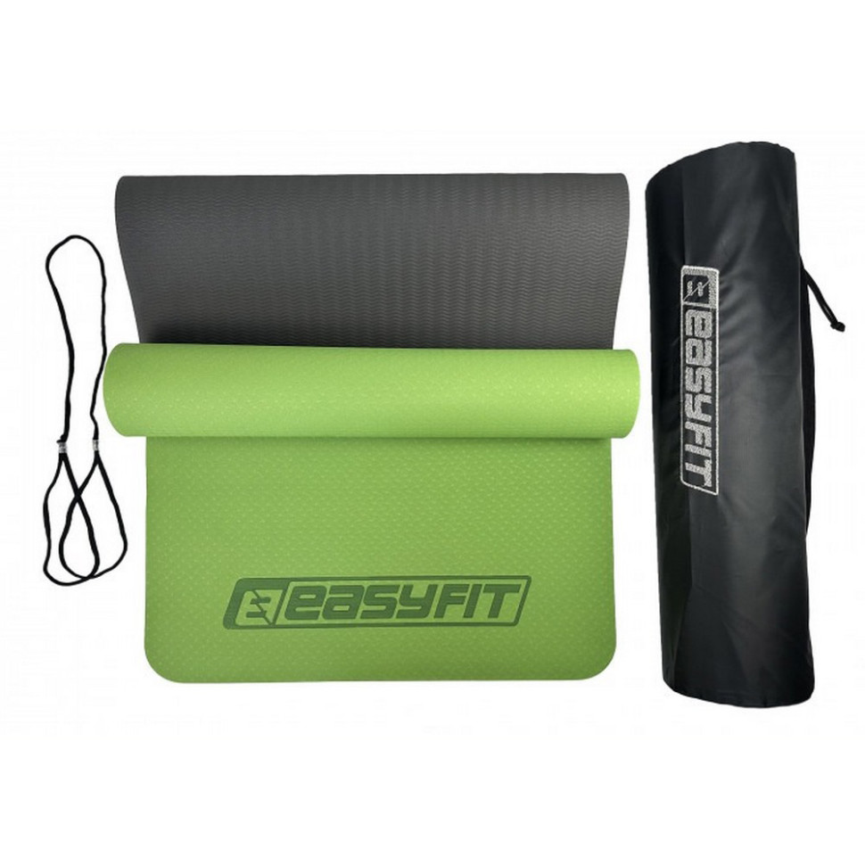 Килимок для йоги та фітнесу EasyFit EF-1924E-GNBK, TPE+TC 6 мм, двошаровий + Чохол зелений з чорним