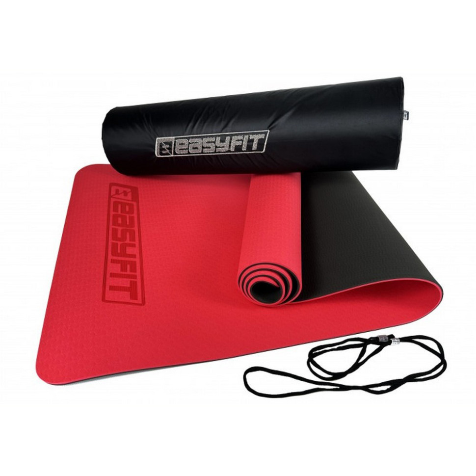 Килимок для йоги та фітнесу EasyFit EF-1924E-RB, TPE+TC 6 мм, двошаровий + Чохол червоний з чорним
