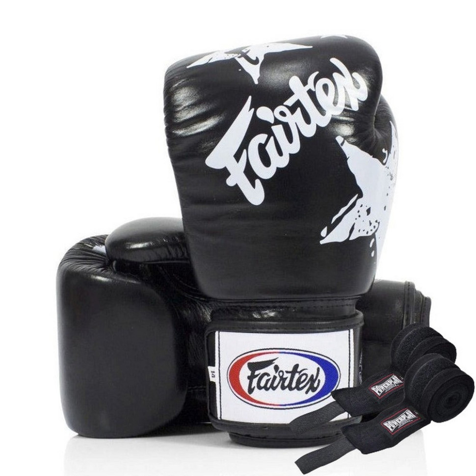Боксерские перчатки BGV1 Nation Print Fairtex BGV1_Print_12oz_Black 12 унций (бинты в комплекте)